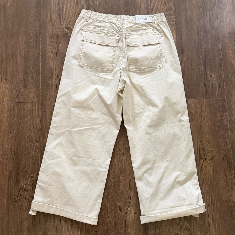 Kensie Jeans Cargo Pants Cream High Rise Wide Leg D Ring Hem Straps Women 10/30 - Picture 7 of 12